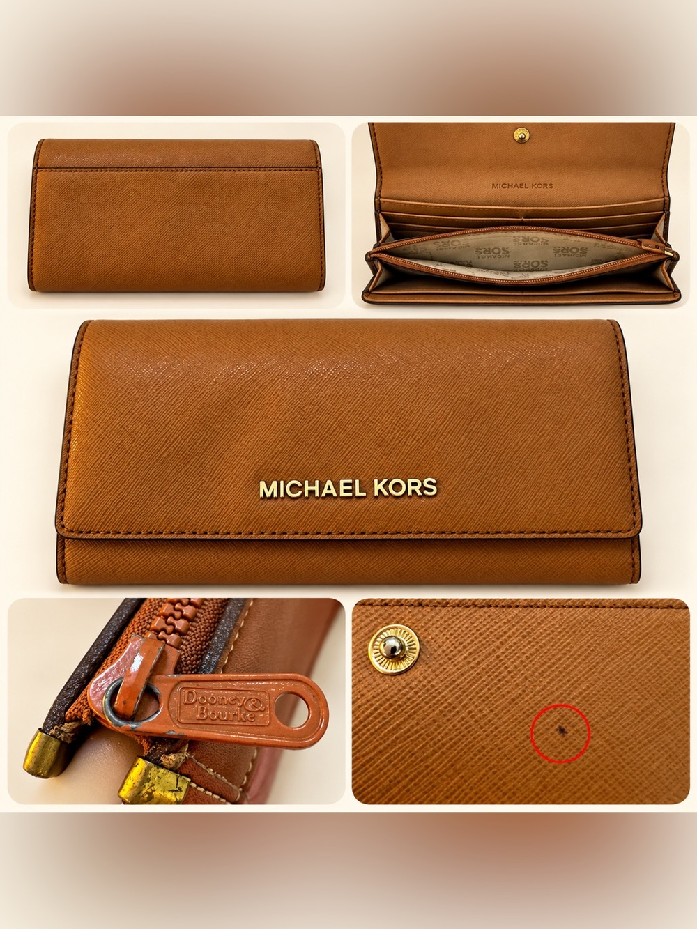 Michael Kors Tan Saffiano Leather Continental Envelope Wallet Gold Logo